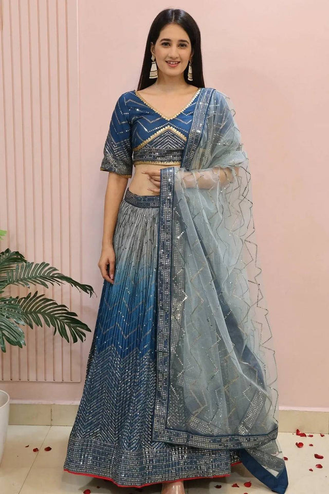 Blue Sequin Chinon Lehenga