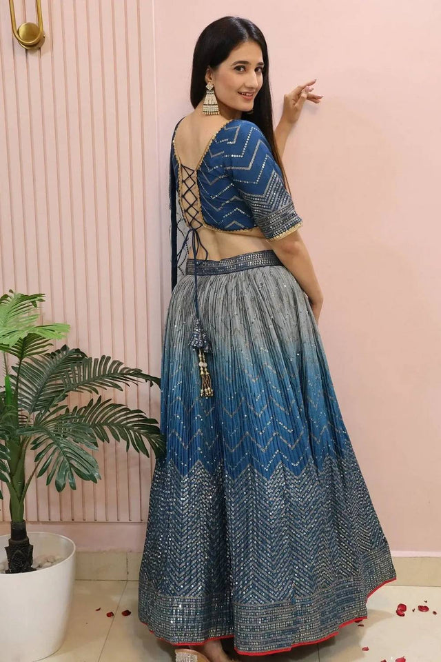 Blue Sequin Chinon Lehenga
