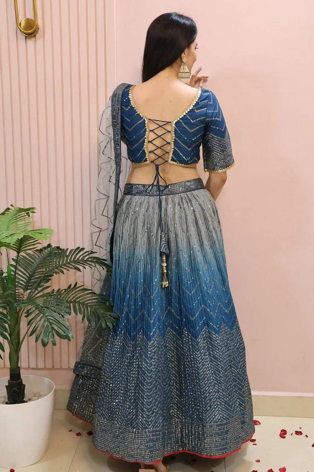 Blue Sequin Chinon Lehenga