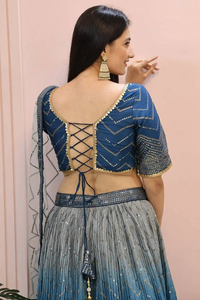 Blue Sequin Chinon Lehenga