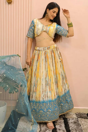 Multi Color Sequin with Printed Chinon Lehenga