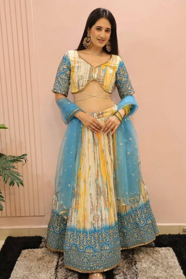 Multi Color Sequin with Printed Chinon Lehenga