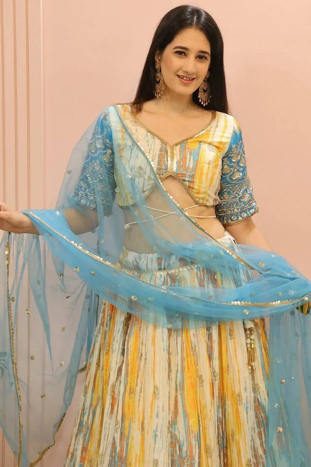 Multi Color Sequin with Printed Chinon Lehenga