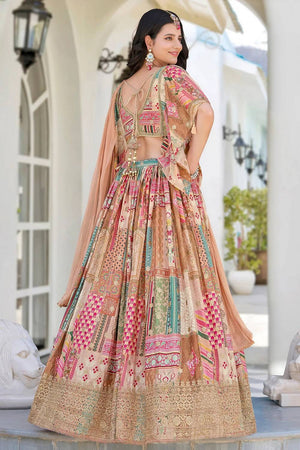 Beige Printed With Zari Work Chinon Lehenga