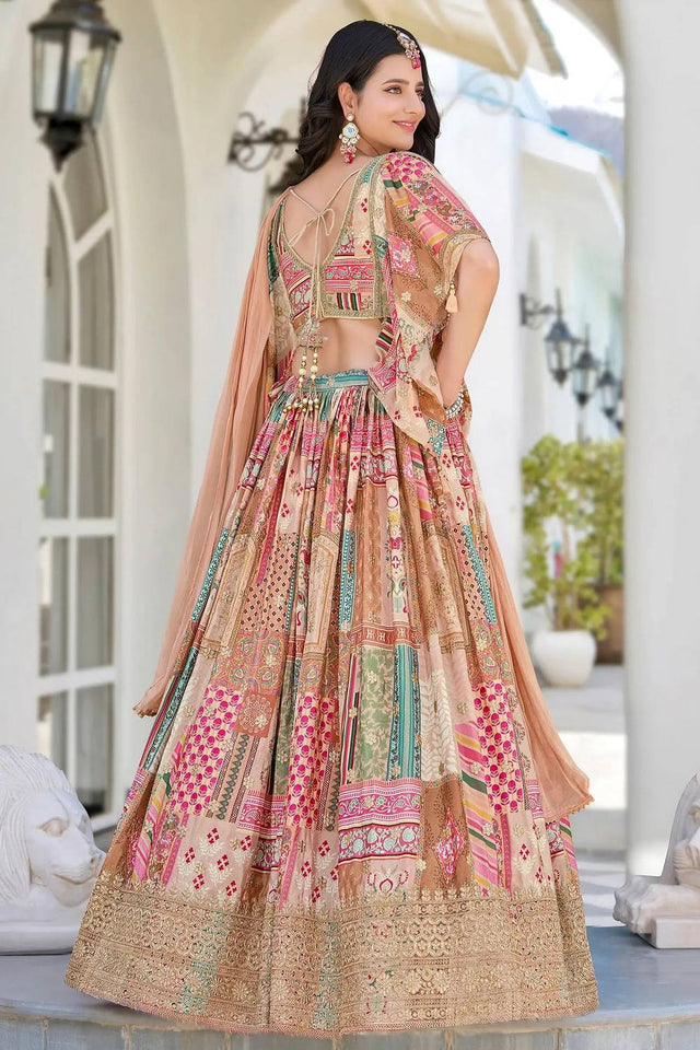 Beige Printed With Zari Work Chinon Lehenga