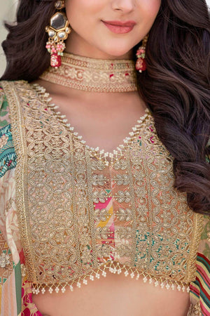 Beige Printed With Zari Work Chinon Lehenga