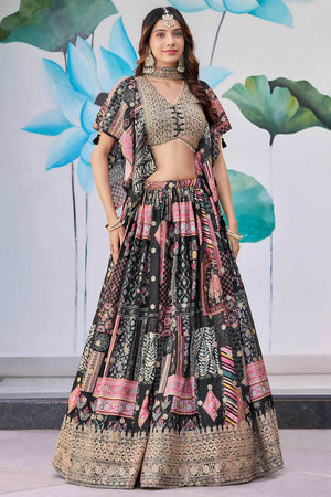 Black Printed With Zari Work Chinon Lehenga