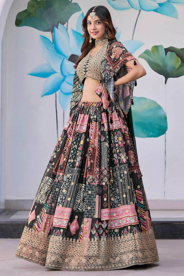 Black Printed With Zari Work Chinon Lehenga