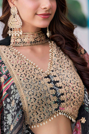 Black Printed With Zari Work Chinon Lehenga