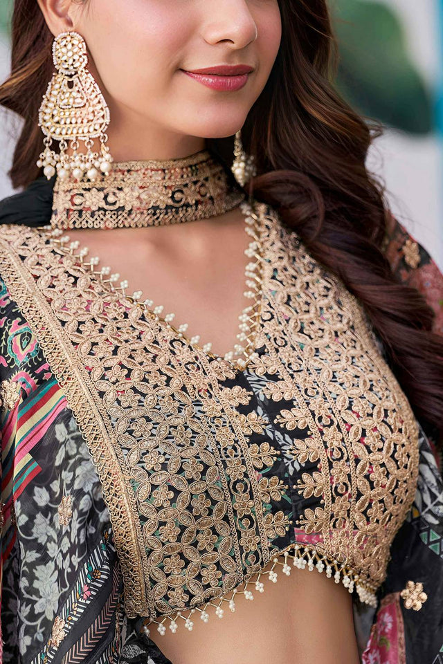 Black Printed With Zari Work Chinon Lehenga