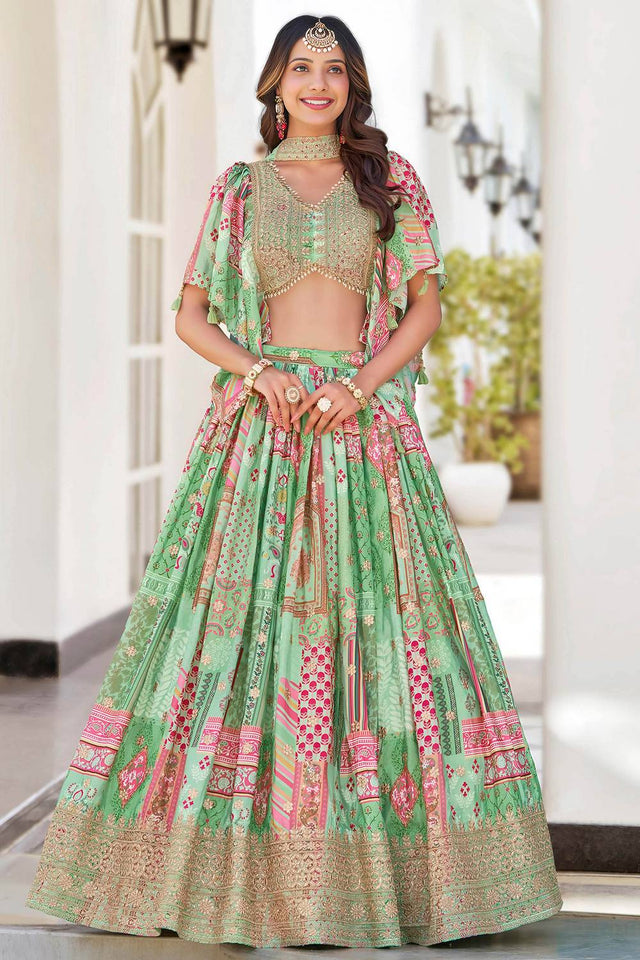Green Printed With Zari Work Chinon Lehenga
