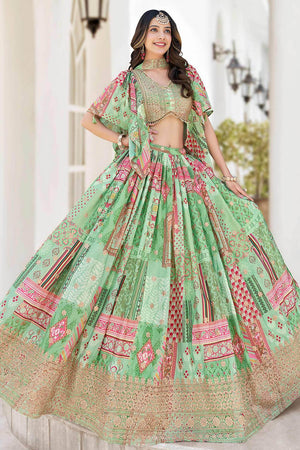 Green Printed With Zari Work Chinon Lehenga