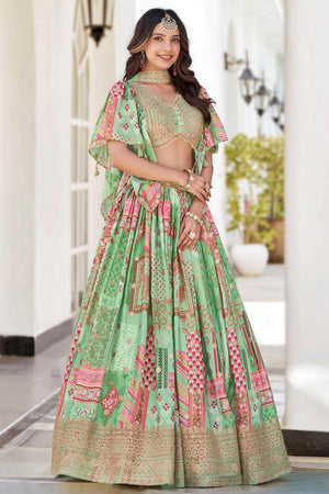 Green Printed With Zari Work Chinon Lehenga