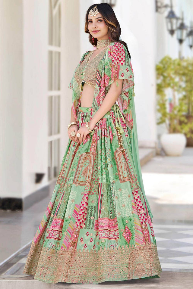 Green Printed With Zari Work Chinon Lehenga