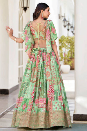 Green Printed With Zari Work Chinon Lehenga
