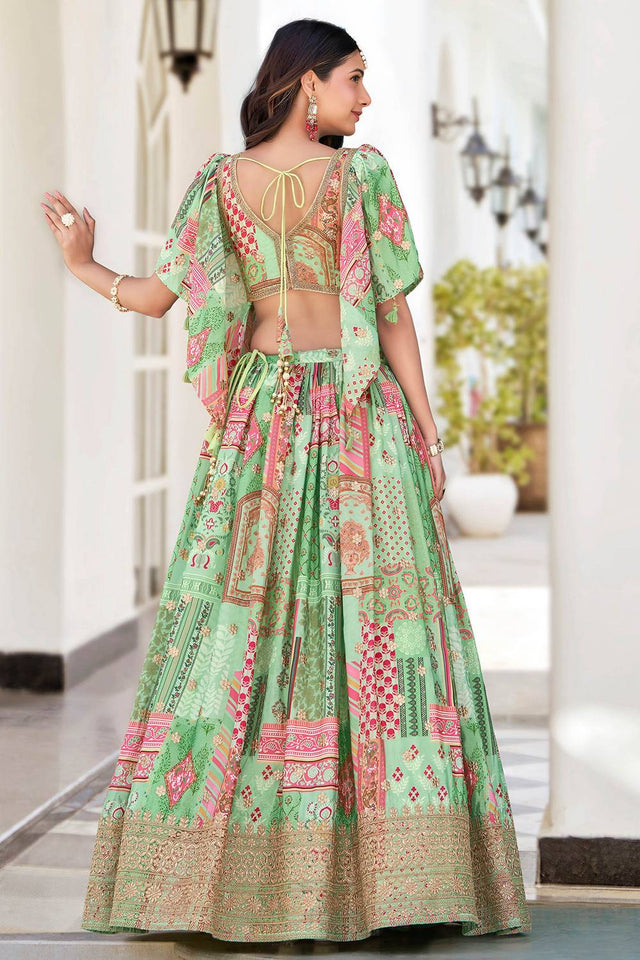 Green Printed With Zari Work Chinon Lehenga