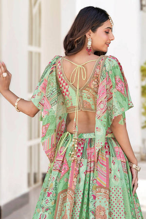 Green Printed With Zari Work Chinon Lehenga