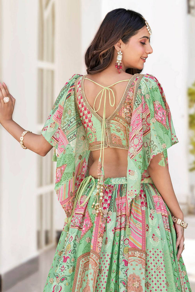 Green Printed With Zari Work Chinon Lehenga