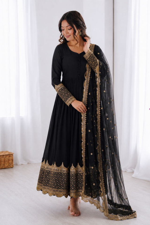 Black Embroidered Georgette Gown (ZF-194-black)