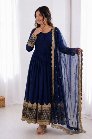 Blue Embroidered Georgette Gown (ZF-194-blue)