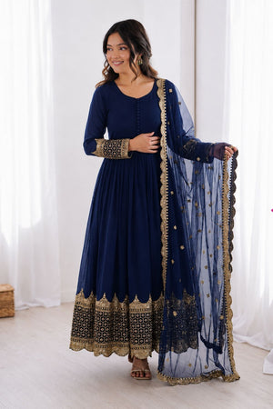 Blue Embroidered Georgette Gown (ZF-194-blue)