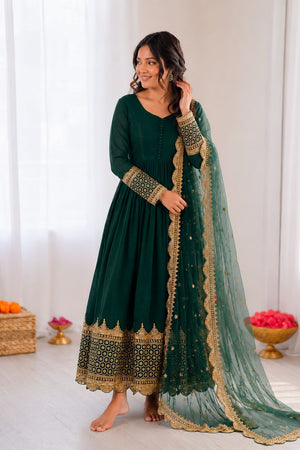 Dark Green Embroidered Georgette Gown (ZF-194-dark green)