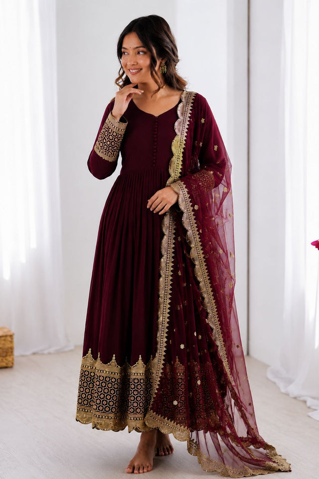 Maroon Embroidered Georgette Gown (ZF-194-deep maroon)