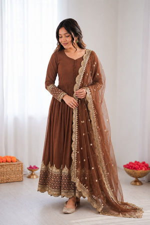 Brown Embroidered Georgette Gown (ZF-194-light brown)