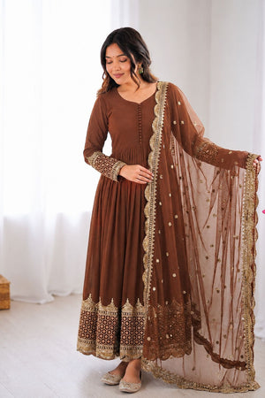 Brown Embroidered Georgette Gown (ZF-194-light brown)