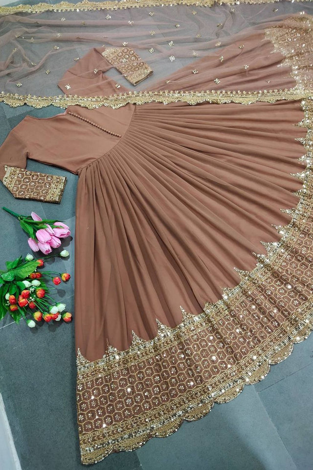 Brown Embroidered Georgette Gown (ZF-194-light brown)