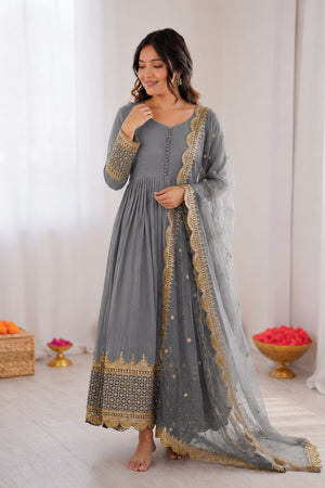 Light Grey Embroidered Georgette Gown (ZF-194-light grey)