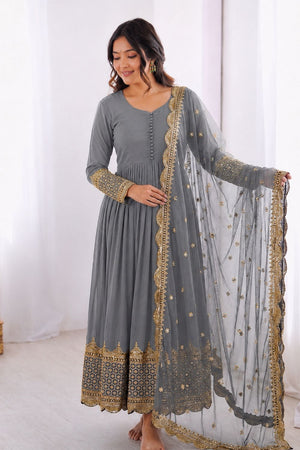 Light Grey Embroidered Georgette Gown (ZF-194-light grey)
