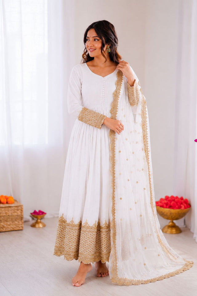 Off White Embroidered Georgette Gown (ZF-194-off white)