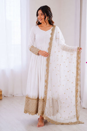Off White Embroidered Georgette Gown (ZF-194-off white)