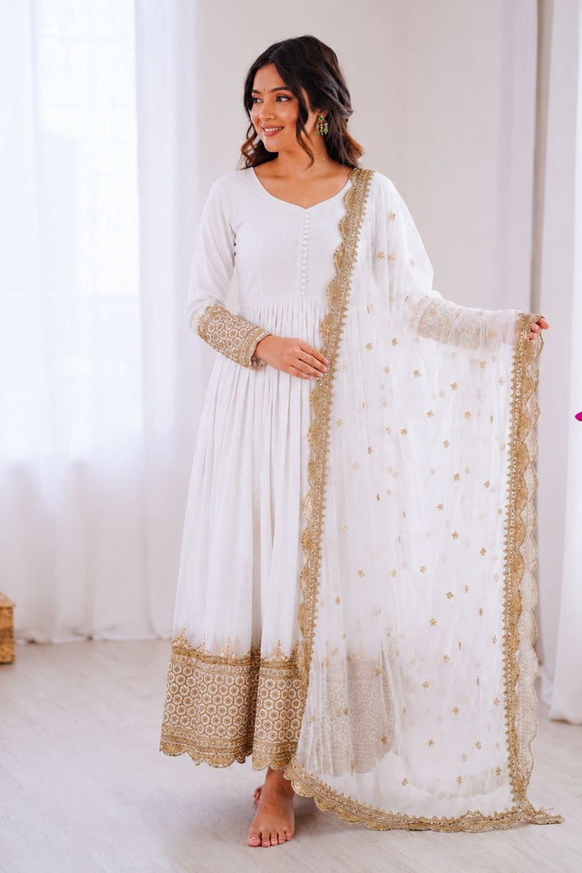 Off White Embroidered Georgette Gown (ZF-194-off white)