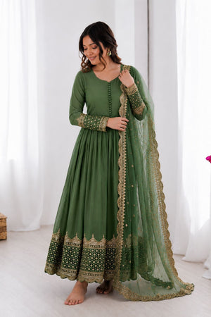 Olive Green Embroidered Georgette Gown (ZF-194-olive green)