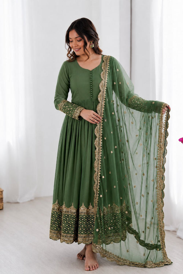 Olive Green Embroidered Georgette Gown (ZF-194-olive green)