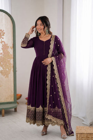 Purple Embroidered Georgette Gown (ZF-194-purple)