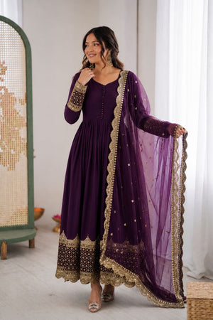 Purple Embroidered Georgette Gown (ZF-194-purple)