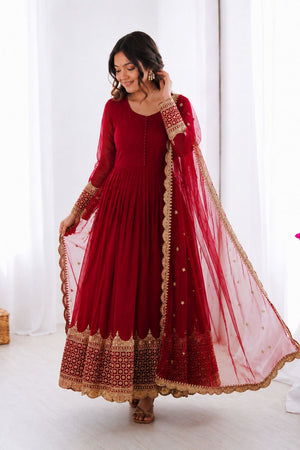 Dark Pink Embroidered Georgette Gown (ZF-194-rani pink)