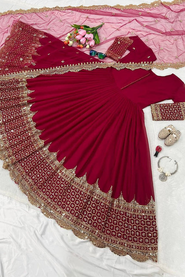 Dark Pink Embroidered Georgette Gown (ZF-194-rani pink)