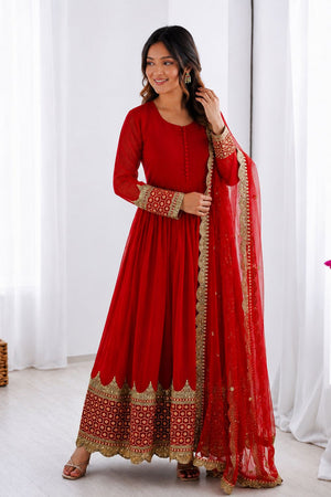 Red Embroidered Georgette Gown (ZF-194-red)