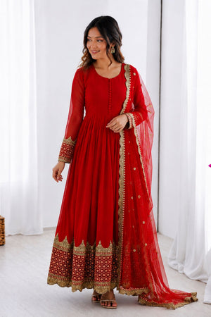 Red Embroidered Georgette Gown (ZF-194-red)