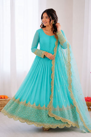 Light Blue Embroidered Georgette Gown (ZF-194-sky blue)