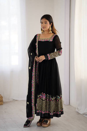 Black Floral Embroidered Georgette Anarkali Suits