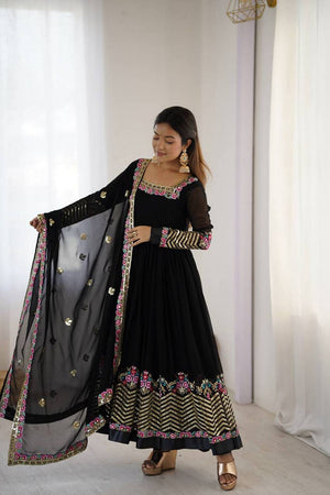 Black Floral Embroidered Georgette Anarkali Suits