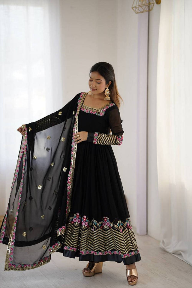 Black Floral Embroidered Georgette Anarkali Suits