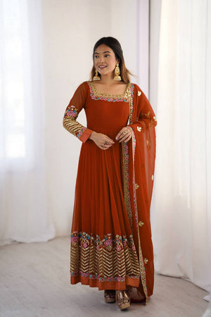 Orange Floral Embroidered Georgette Anarkali Suits