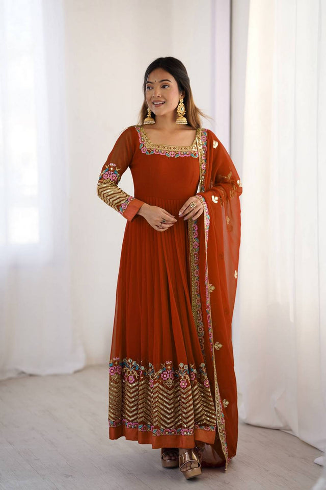 Orange Floral Embroidered Georgette Anarkali Suits