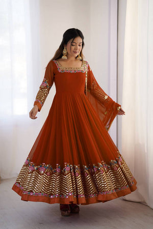 Orange Floral Embroidered Georgette Anarkali Suits